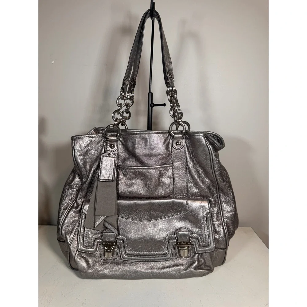 Coach Poppy Camelia Pushlock Metallic Silver Leather Shoulder Bag Tote 17924